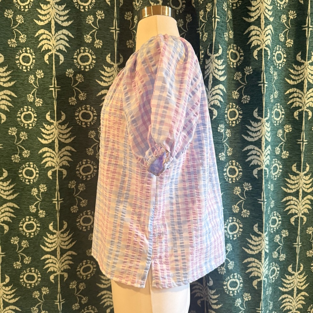 LOFT Pastel Tie Neck Pastel Striped Gingham Plaid Puff Sleeve Top Size XS - Picture 5 of 9